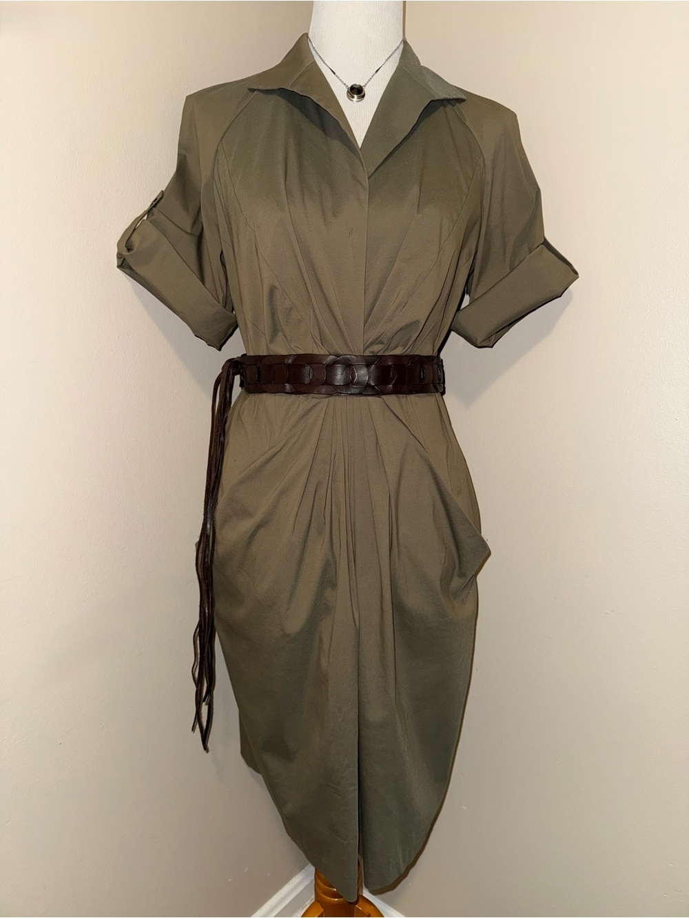 Lafayette 148 NY V-Neck Knee Length 3/4 Sleeve Army Green Stretch Dress,Size-10